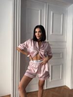 VS İpek Saten Pudra Pembe Şortlu Takım