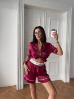 VS İpek Saten Bordo Şortlu Takım
