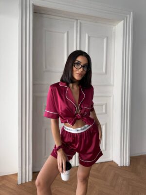 VS İpek Saten Bordo Şortlu Takım